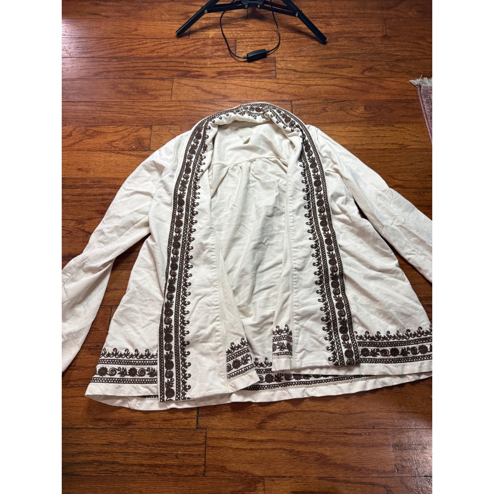 Lucky Brand Womens Cream Brown Embroidered Open Front Cotton Cardigan Size M